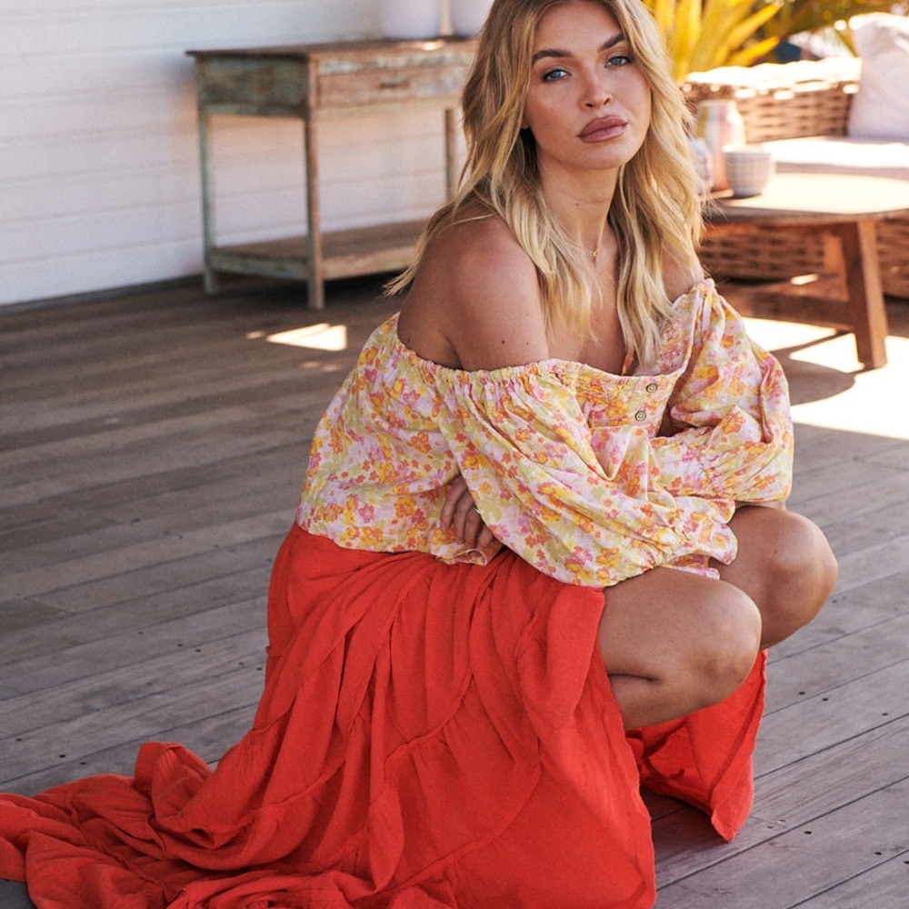 Free People James Smocked Floral Button Down Cropped Shirt - Pink, Orange, Green
